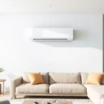 Showcase a Mitsubishi mini split AC installed in a stylish living room setting, emphasizing modern aesthetics.