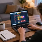 Player engaging with BK888 online casino interface while studying betting strategies in a cozy home setup.