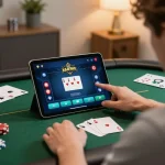 nhà cái 388bet player enjoying online poker game in a warm home office setting