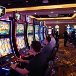 Engaging players at slot 777 machines in a lively casino atmosphere.