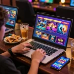 Person engaging in online lc88 gaming on a laptop, showcasing colorful game interfaces and a smartphone app.