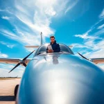 Experience Savannah aviation with a skilled aviator inspecting a gleaming aircraft at a bustling airport.
