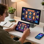Player enjoying slot777 gacor online gaming in a comfortable home setup, showcasing active session.