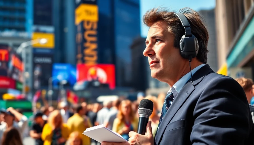 Catch breaking news with a news reporter in an urban setting capturing live stories.