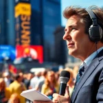 Catch breaking news with a news reporter in an urban setting capturing live stories.