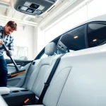 Detailed interior and exterior car detailing process showcasing professional tools and shiny surfaces.