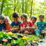 Children engaging in activities at a science and nature camp, surrounded by nature.