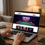 Engaging with OKWIN's online casino on a laptop at home, showcasing strategic gameplay.