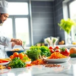 Learn interesting dish facts with a chef showcasing fresh ingredients in a vibrant kitchen.