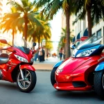 Explore cheap street legal three wheeler trikes showcased in an urban setting with bright colors.