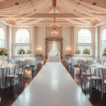 Hochzeitsaal festlich dekoriert für eine romantische Hochzeit.