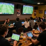 Kqbd hôm nay displayed on large screens in a lively sports bar environment, enhancing the game day experience