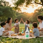 Family applying mosquito repellent during sunset picnic, ensuring safety while enjoying outdoor fun.
