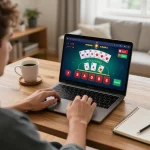 Player engaging with tg88 online casino game on laptop in cozy setting