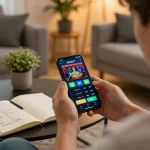 Player using alexis77 casino app on smartphone for a dynamic online gambling experience.