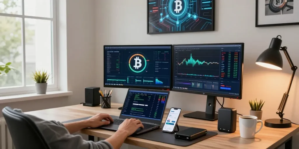Mining bitcoin online in a modern office with insightful trading analytics on dual monitors, showcasing cryptocurrency technology.