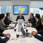 Analysts discussing the transition from sanctions to strikes in U.S.-Venezuela relations, with a professional office backdrop.