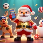 Engage with tỷ số trực tuyến 7M, featuring cartoon Santa Claus and friends in a vibrant casino scene with dynamic sports elements.