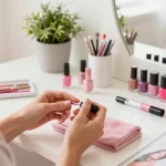 Aplicarea bazei și top coat-ului de unghii într-un salon de acasă elegant, cu o selecție vibrantă de lacuri de unghii.