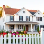 Stunning colonial home build with classic features and vibrant landscaping in a sunny setting.