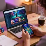 Cá»”NG GAME SUNWIN features a player enjoying a live dealer game on their smartphone, immersed in a comfortable home setting.