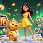 Play at UFABET with a cheerful Asian woman and a lucky cat mascot, surrounded by casino elements.