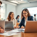 Team collaborating with an enterprise assistant for enhanced productivity and innovation in a modern workspace.