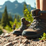 Botas montaña niño destacadas en un entorno natural con sendero rocoso y vegetación.