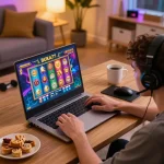 Player using BUKA77 for online slot games, enjoying a cozy gaming atmosphere at home with engaging visuals.
