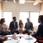 Mediation session with participants discussing in a bright office environment.