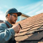 Engaging roof repair expert assessing shingles on a home's roof.