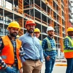 New York General Contractor overseeing a busy urban construction site with a diverse team.