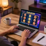 Engaged player winning on FAFA828 online slots in modern home, showcasing responsible gambling.