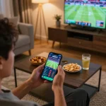CEMESLOT user engaged with sports betting app in a modern home, highlighting strategic online gambling.