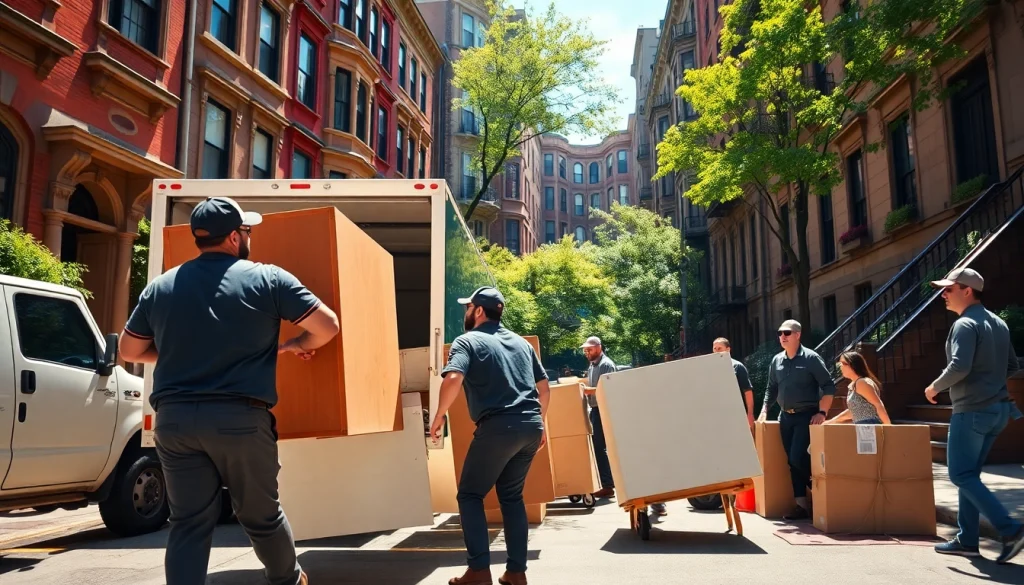 Reliable movers in boston efficiently loading a truck in a bustling urban environment.