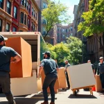 Reliable movers in boston efficiently loading a truck in a bustling urban environment.