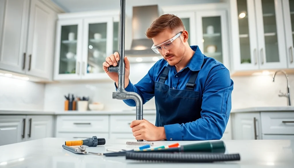 Plumber near me fixing pipes in a modern kitchen setting, showcasing expertise and reliability.