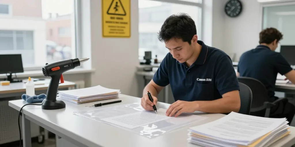 Kỹ thuật viên thực hiện bóc ép plastic tại Hà Nội trong một không gian làm việc chuyên nghiệp, tập trung vào việc bảo tồn tài liệu.