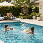 Families enjoying Dolphin Pool Services in a vibrant, well-maintained swimming pool.