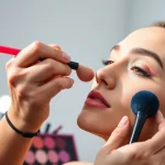 Applying silicone sponge makeup for a flawless finish in a bright, modern setting.