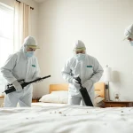 Engaging bed bug pest control scene with professionals ensuring effective treatment in a bedroom.
