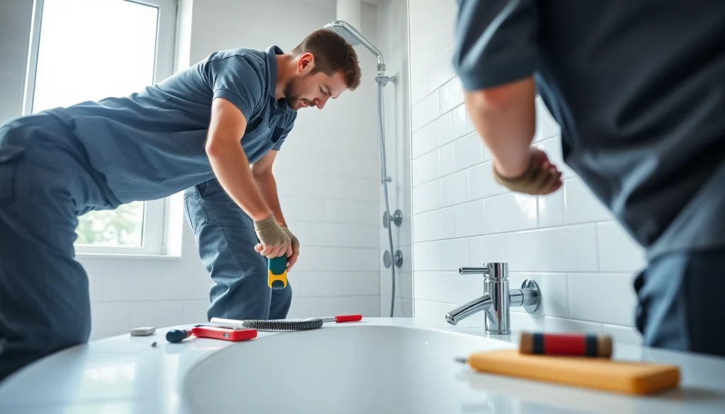 Skilled bathroom fitters manchester installing modern fixtures in a stylish bathroom.