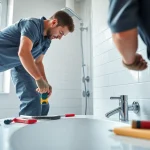 Skilled bathroom fitters manchester installing modern fixtures in a stylish bathroom.