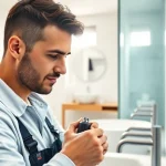 Der Installateur von sonni sanitär GmbH arbeitet sorgfältig an modernen Badarmaturen.