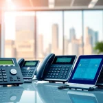 Showcasing modern office phone systems in a vibrant workspace with sleek designs.