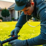 Best pest control for homeowners shown through a technician inspecting a well-maintained backyard.
