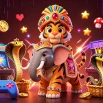 Experience สล็อตทดลองเล่น with a dazzling scene featuring a maharaja tiger, jewel-encrusted elephant, and dynamic casino elements.