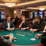 Winstrike69 gameplay in a luxury casino poker room, with players focused on cards and chips.