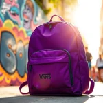 Admire the stylish mochila vans morada featured against an urban background.