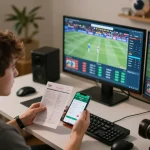 Excited bettor placing wagers on Trang chủ 79king using multiple devices for live sports betting